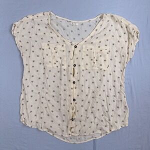 Maurices Cream Star Print Button Front Short Sleeve Blouse Women's Size S
